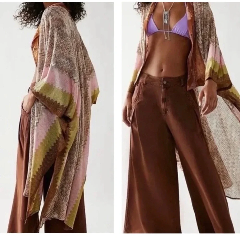 Free People Cairo Shimmer chevron Kimono Cardigan duster OS